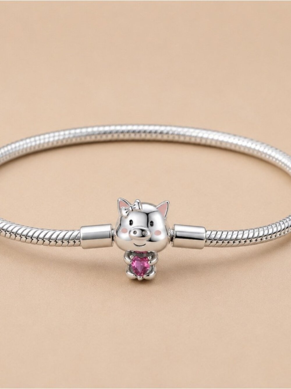 Silver Pig Charm Bracelet with Pink Heart Stone
